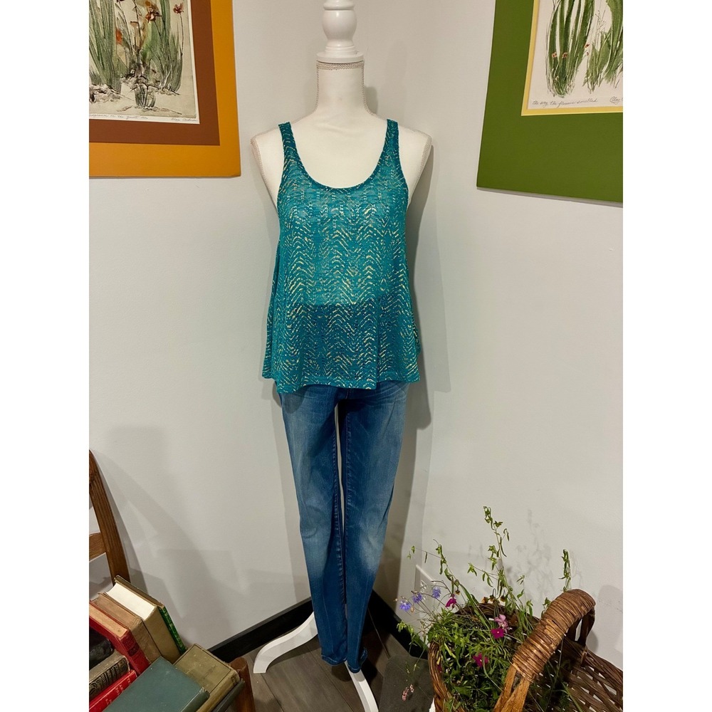 Y2K Small Turquoise Gold Metallic Crochet Tank Top Boho Festival Beach NWT